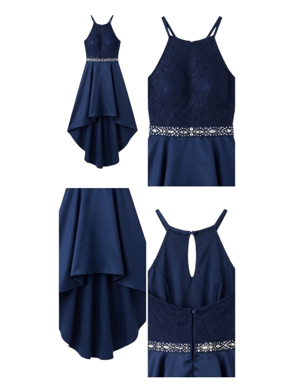 Navy High-Low Lace Bodice Prom Special Occasion Dress with Embellished Waist